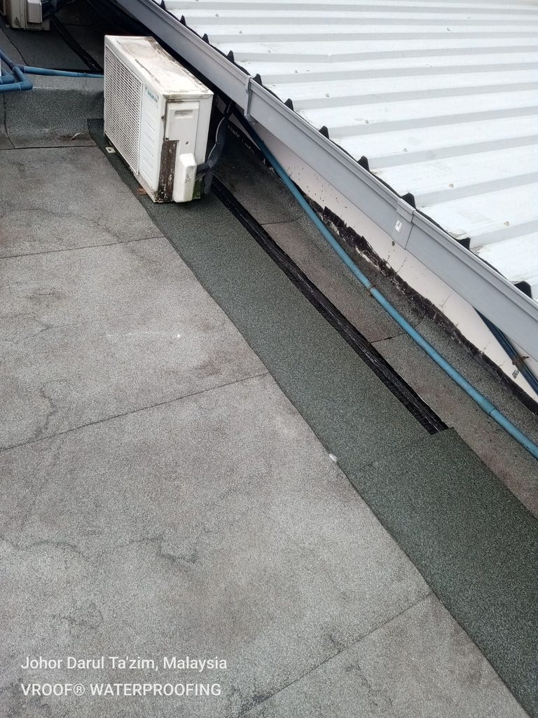 Repaired waterproofing area at Cascadia with an additional membrane layer installed along the metal deck runoff zone.