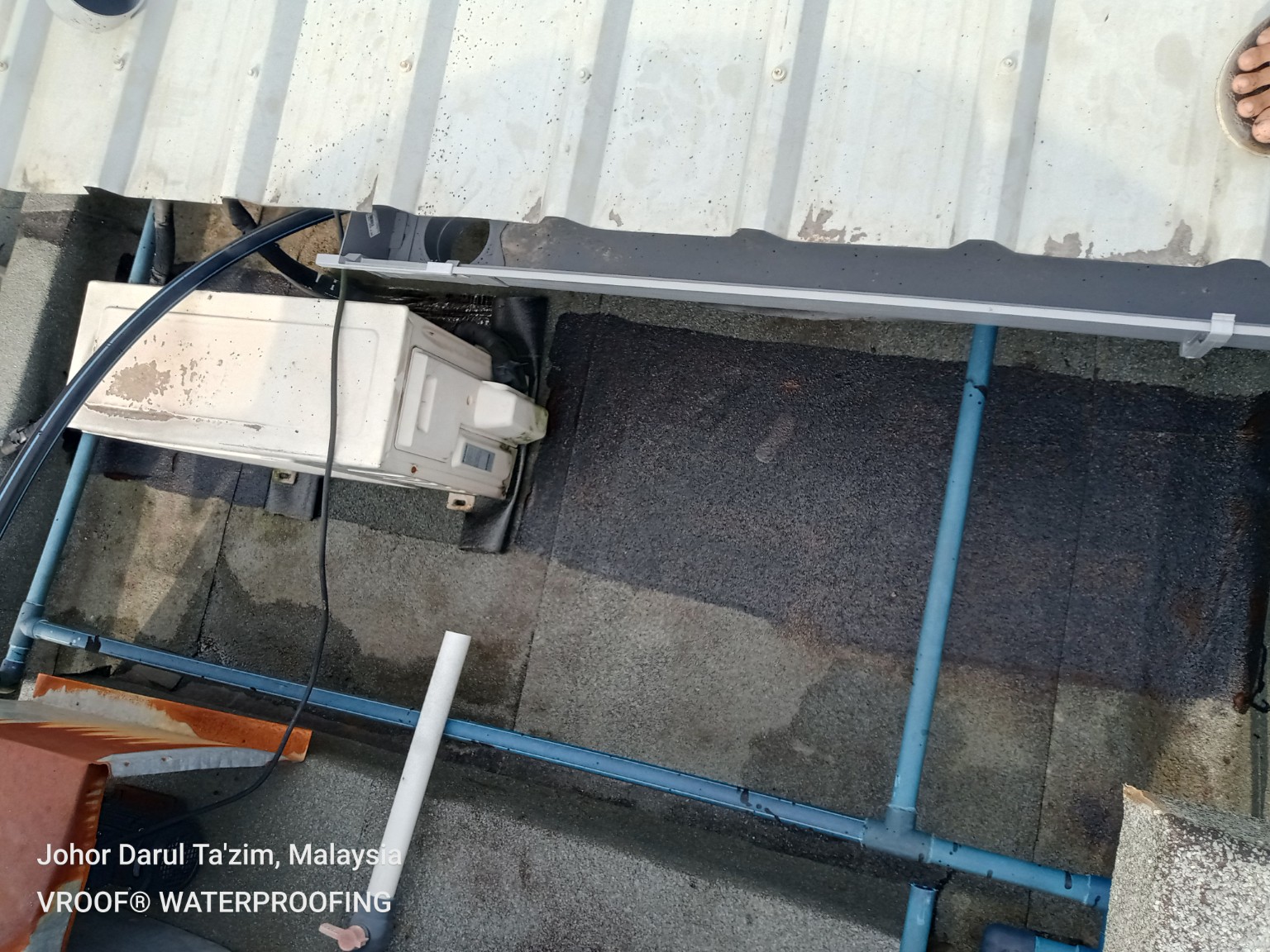 Cascadia roof area showing the metal deck above the existing waterproofing membrane before repair.